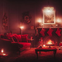 暖炉にぶら下がる赤い靴下のクリスマスリビングの写真