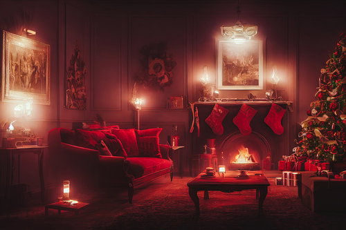 暖炉にぶら下がる赤い靴下のクリスマスリビング