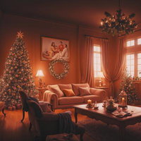 クリスマス装飾した洋館風のリビング、暖炉とツリーの写真