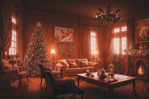 クリスマス装飾した洋館風のリビング、暖炉とツリー