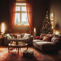 窓から差し込む光とクリスマス色のリビングソファーの写真