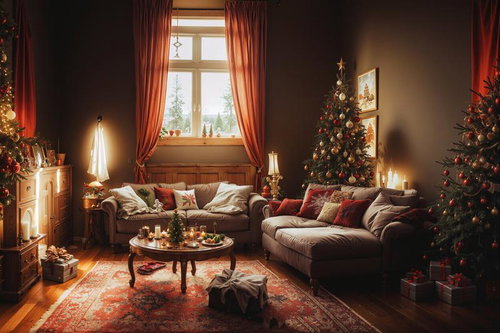 窓から差し込む光とクリスマス色のリビングソファー