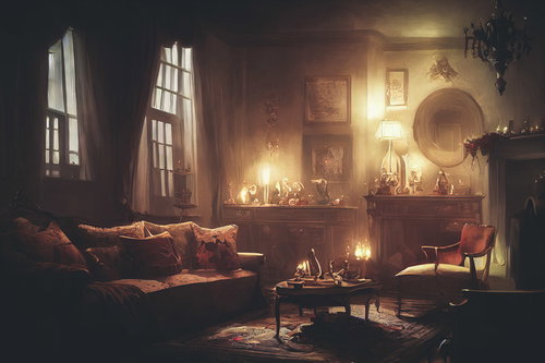 暖炉と骨董品に囲まれたレトロなリビング、アンティーク調の落ち着いた空間