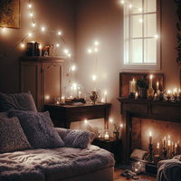 クリスマスライトアップされた暖炉とソファのある男部屋の写真