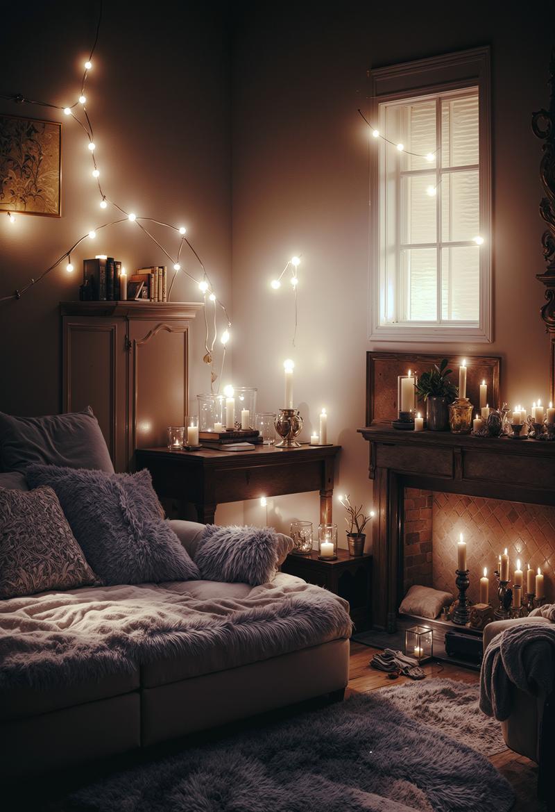 暖炉とソファがある部屋でクリスマスライトが玉ボケとなって光る温かな室内