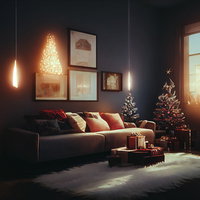 キャンドルの明かりとクリスマスツリーのある広いリビング空間の写真