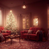 クリスマスツリーのあるリビングの写真