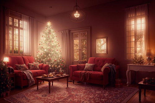 暖炉とリビングに輝くクリスマスツリーとソファの温かなインテリア空間