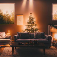 暖炉のそばに飾るクリスマスツリーとプレゼントが置かれたリビングの写真