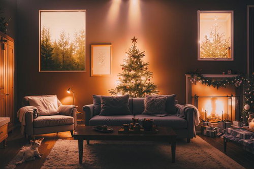 暖炉のそばに飾るクリスマスツリーとプレゼントが置かれたリビング