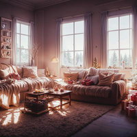 朝日が差し込むリビングで目覚めたクリスマスツリーとプレゼントの写真