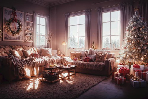 朝日が差し込むリビングで目覚めたクリスマスツリーとプレゼント
