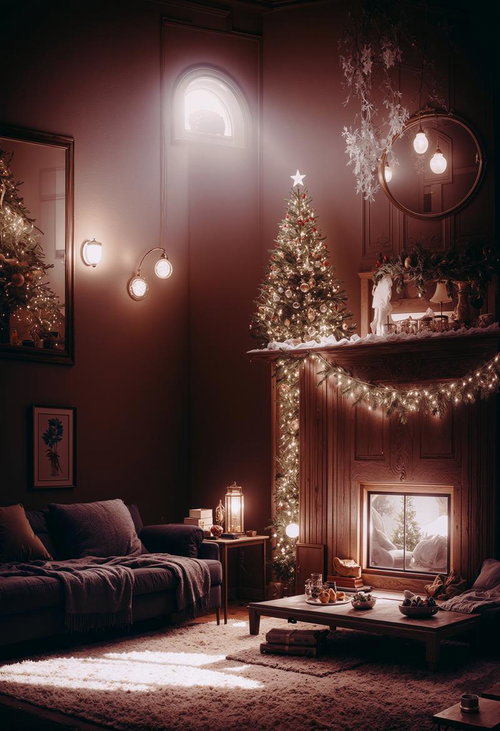 暖炉とクリスマスツリーが飾られたリビングルーム