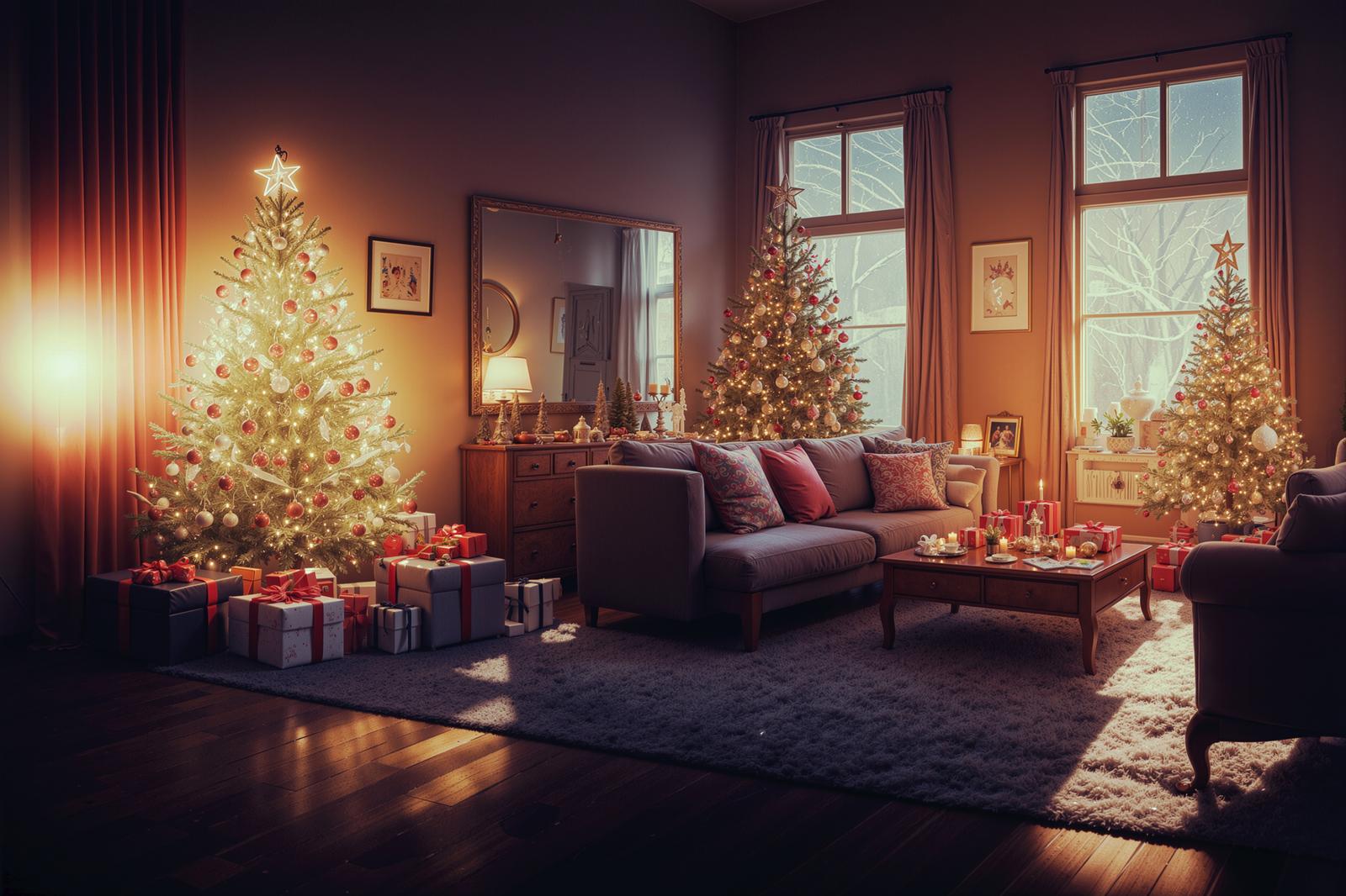 クリスマスツリーとプレゼントが並ぶリビングルーム