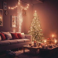 暖炉とソファーのあるリビングに飾られたクリスマスツリーの写真