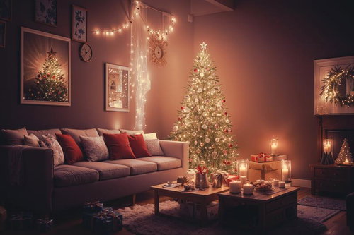 暖炉とソファーのあるリビングに飾られたクリスマスツリー