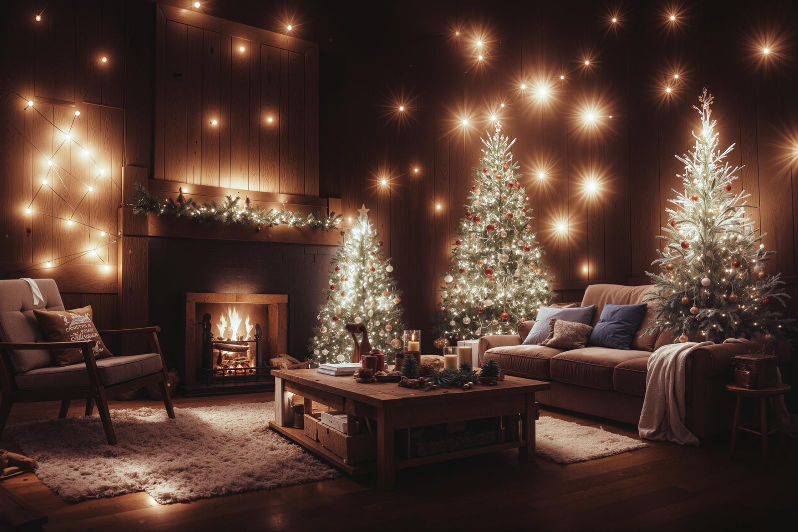 クリスマスツリーと暖炉があるリビングルームにイルミネーションが飾られた室内