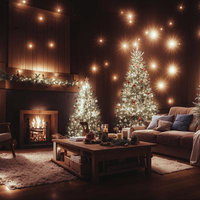 光に包まれるクリスマスの夜のリビング、暖炉とツリーのイルミネーションの写真
