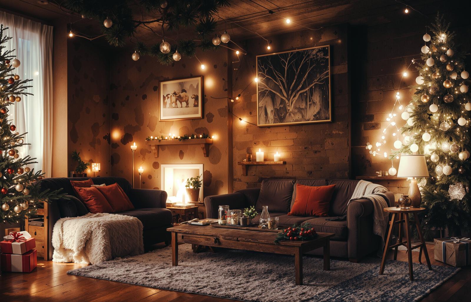 A living room with a Christmas tree and a fireplace