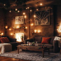 暖炉とクリスマスツリーが設置されたリビングのライトアップの写真