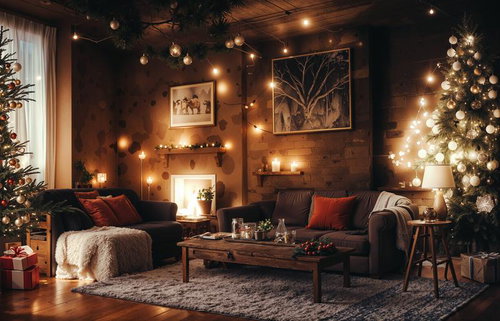 暖炉とクリスマスツリーが設置されたリビングのライトアップ