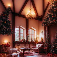 暖炉のあるバンガロー風邸宅で過ごすキャンドルの柔らかい光のクリスマスの写真