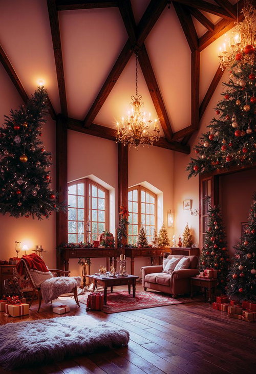 暖炉のあるバンガロー風邸宅で過ごすキャンドルの柔らかい光のクリスマス