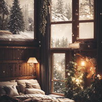 雪が積もる屋外と寝室に飾られたクリスマスツリーの写真