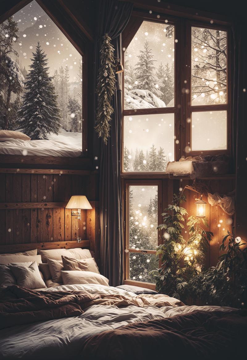 暖炉のある寝室にクリスマスツリーが飾られ窓の外に雪景色が見える室内
