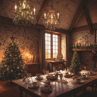 アンティーク調の部屋とクリスマスツリーが飾られたディナーの写真