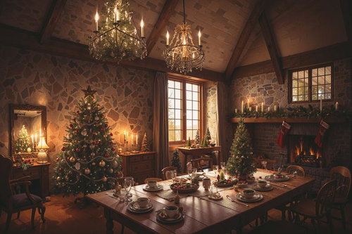 アンティーク調の部屋とクリスマスツリーが飾られたディナー