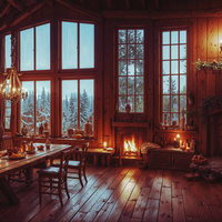 暖炉が灯るクリスマスの飾りつけされたロッジの写真