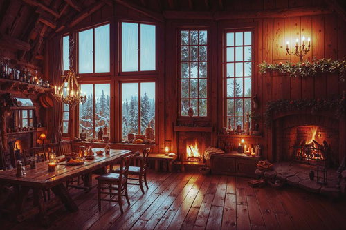 暖炉が灯るクリスマスの飾りつけされたロッジ