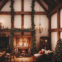 クリスマスの飾り付けと暖炉のある山小屋風ロッジの写真