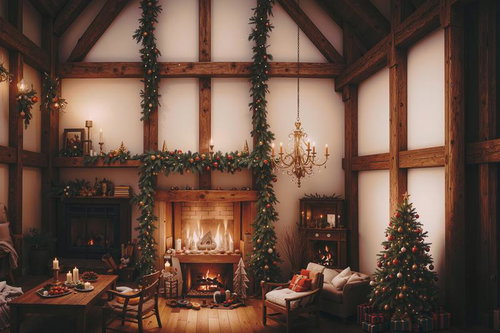 クリスマスの飾り付けと暖炉のある山小屋風ロッジ