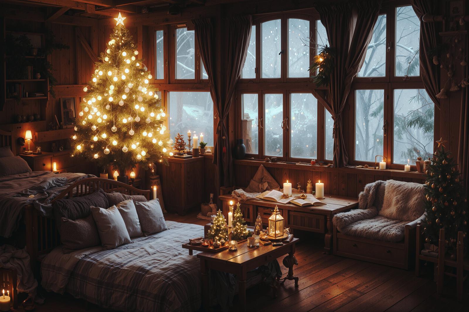 ライトアップされたクリスマスツリーがある洋館風の部屋