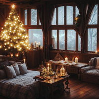 ライトアップされたクリスマスツリーの部屋の写真