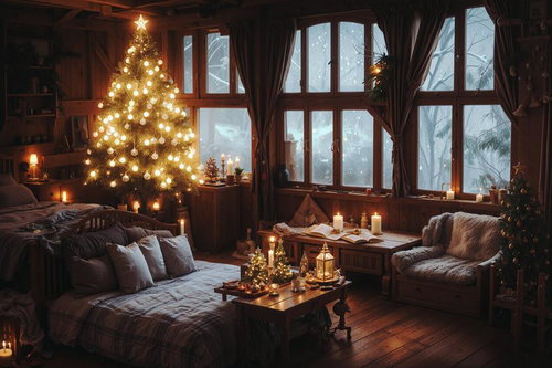 ライトアップされたクリスマスツリーの部屋