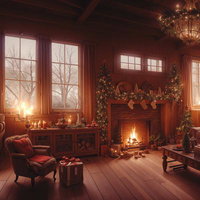 暖炉の炎に照らされたクリスマス風リビングのテーブル上のプレゼントの写真