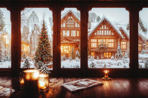 雪が降り積もった屋外とクリスマスツリーが見える窓辺の室内