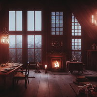 キャンドルの明かりとロッジの暖炉がある部屋の写真