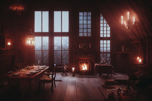 暖炉とキャンドルの明かりに包まれたロッジの室内
