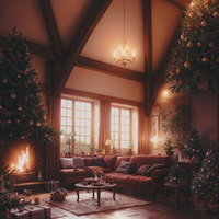 暖炉の暖かみを感じるクリスマスのリビングの写真