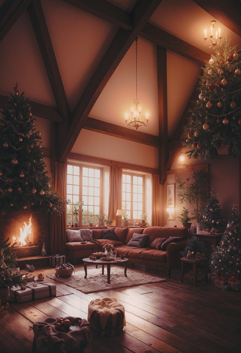暖炉が灯るクリスマス飾りのリビング