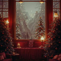 窓の外に舞い散る雪とクリスマスの日の温かな室内の写真