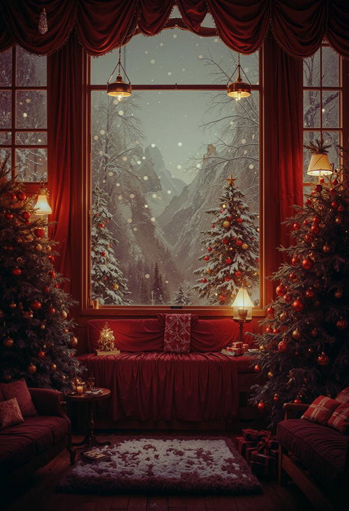 窓の外に舞い散る雪とクリスマスの日の温かな室内