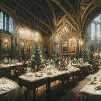 クリスマス装飾の礼拝堂ディナー会場の写真