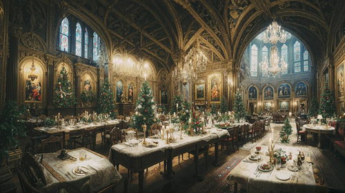 クリスマス装飾の礼拝堂ディナー会場
