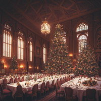クリスマスツリーが飾られた大聖堂風パーティー会場の写真