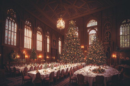 クリスマスツリーが飾られた大聖堂風パーティー会場